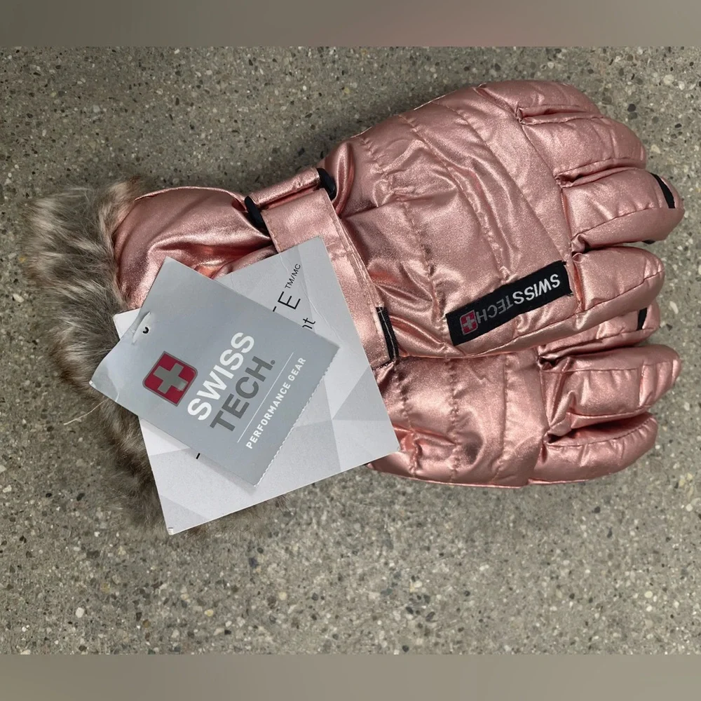NWT Swiss Tech L/XL Rose Metallic Faux Fur Trim Insulated Gloves